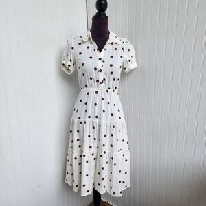 Monteau Dress Womens Small White Brown Polka Dot Linen Short Sleeve Button Up XS